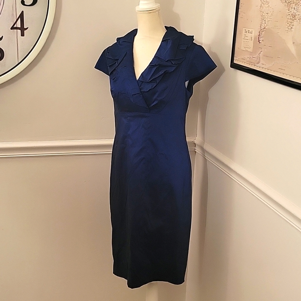 Navy Ruffled V-Neck Sheath Dress - Picture 2 of 6